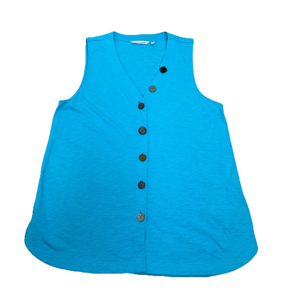 Soft Surroundings Sleeveless Button Front Tunic Shirt Blue Cotton Beach Art Sz L